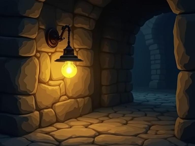 Cartoon scene with an old copper lamp hanging from a stone wall. The lamp glows softly unexplainably. Another lamp next to it is dark.