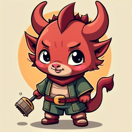 Image features a chibi-style bull character. The bull is styled with exaggerated features such as large eyes and small limbs. It has cow-like horns, a playful expression, and holds a paintbrush. The character wears a green outfit and stands against a warm beige background.