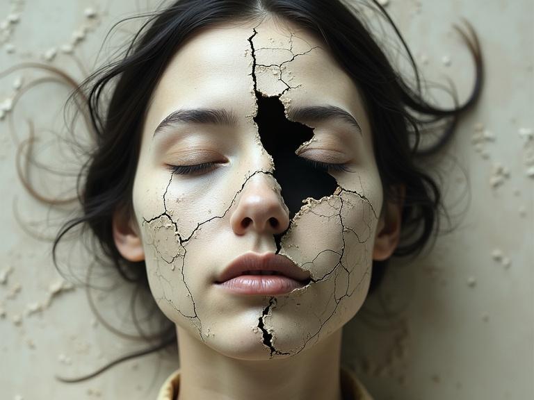 A surreal portrait of a woman's face with closed eyes cracked and fragmented like earth. Cracks reveal a dark void beneath the pale skin. Dark hair frames the face. The image evokes themes of fragility and transformation against a neutral background.