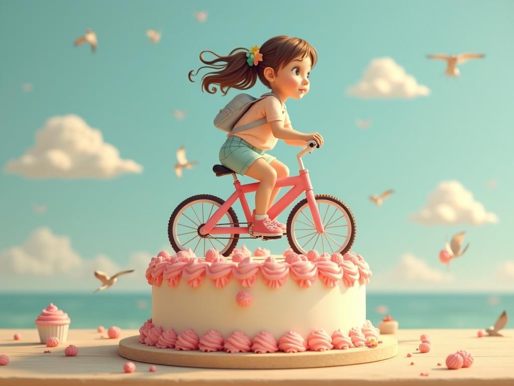 A girl rides a pink bicycle on top of a large cake surrounded by clouds and birds