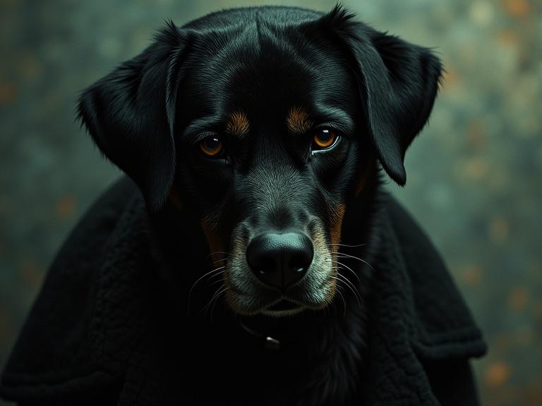 Portrait of a powerful dog mobster. Dark and moody aesthetic. Textured and sharp details. Reminiscent of film noir and Godfather style.