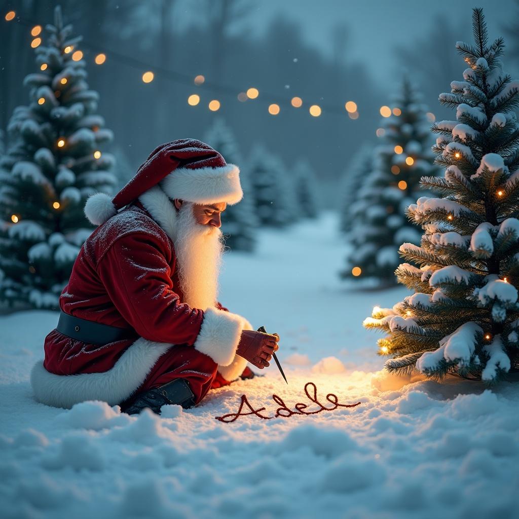 Santa Claus is outside in snowy winter. Surrounding Christmas trees are decorated with lights. Santa is writing 'Adele' in the snow.