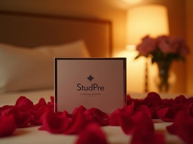 Luxurious evening bedroom scene with warm lighting. Sleek product box of StudPre placed center stage. Red rose petals scattered on plush bed. Dreamy rose bouquet softly visible in background. Creating a romantic, elite atmosphere.