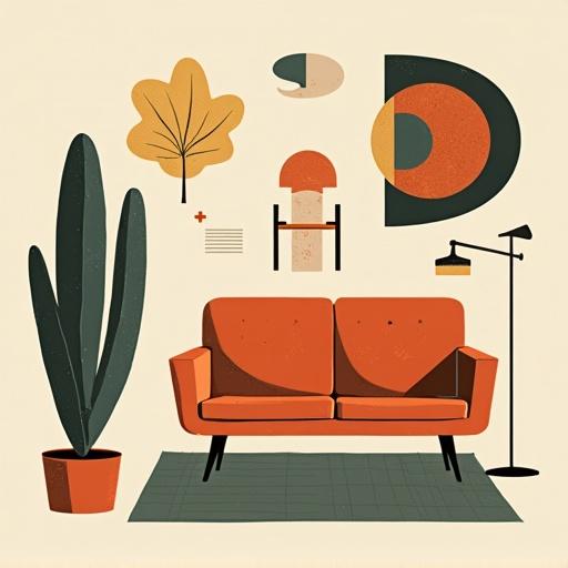 Graphic illustration showcases midcentury modern elements. Orange sofa serves as focal point. Includes design accents like leaves and geometric shapes. Warm color palette enhances modern aesthetic.