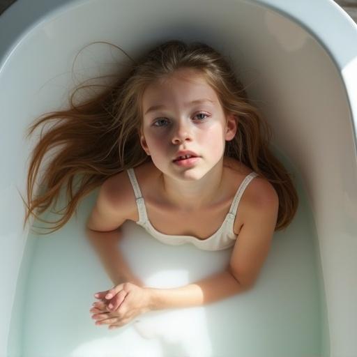 A girl lies back in a white bathtub. She looks into the camera. Her long hair flows to the side. The scene is peaceful and brightened by natural light.