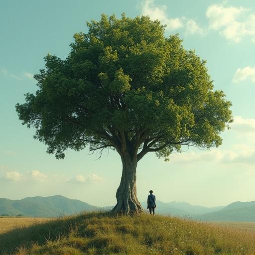A tree with square apples and a person observing in disbelief. The setting is serene, with a focus on the unique tree structure. The observer appears intrigued by the unusual apples.