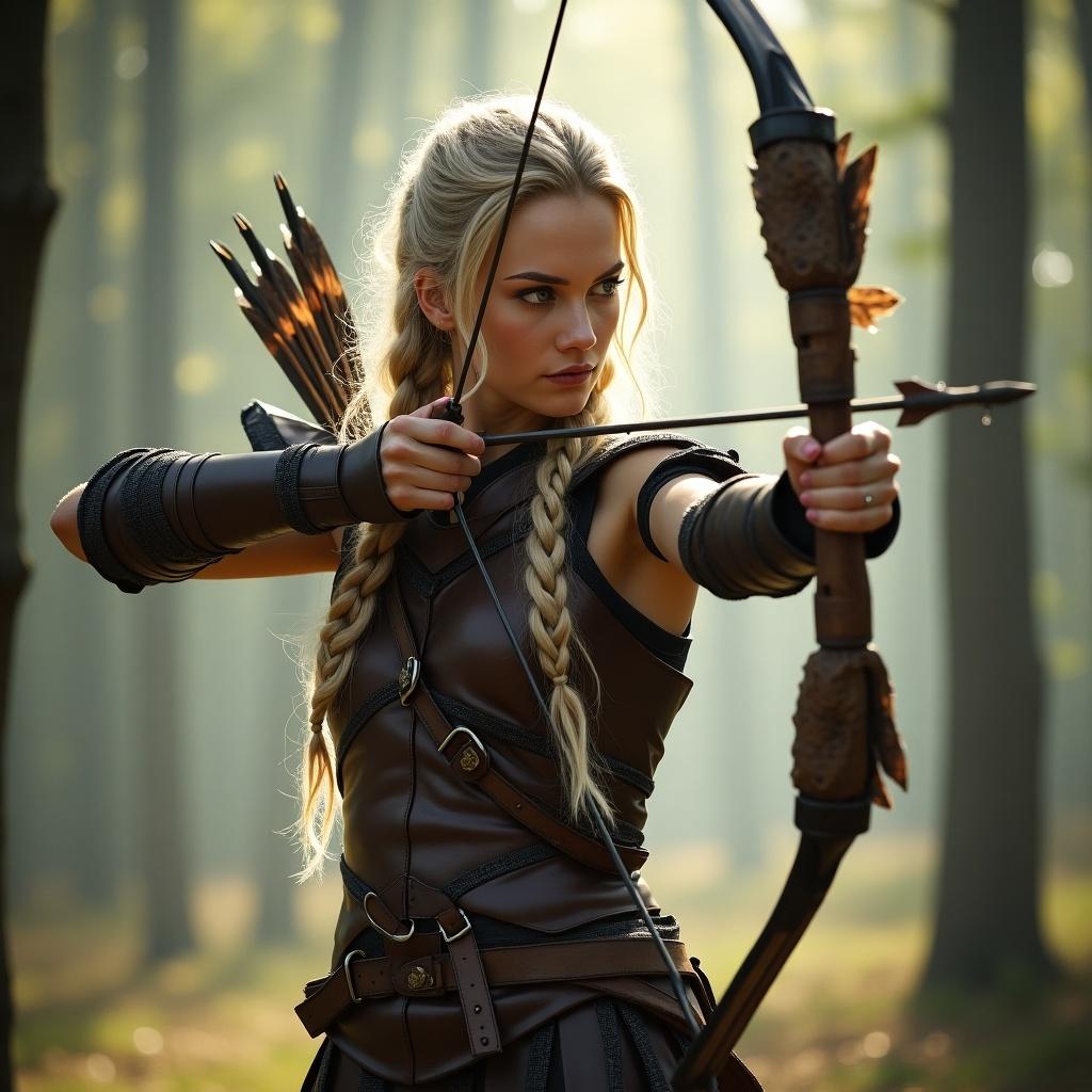 This image depicts a fierce female warrior standing in a light forest, poised to shoot an arrow with her bow. She has braided blonde hair and is wearing medieval-inspired leather armor that leaves her belly exposed. The armor highlights her strong physique and big breasts. In her hands, she grips a traditional hunter's bow, ready to release a wooden arrow adorned with hawk feathers. The background features tall trees, with sunlight streaming through the leaves, creating a dramatic and atmospheric setting for this powerful character.