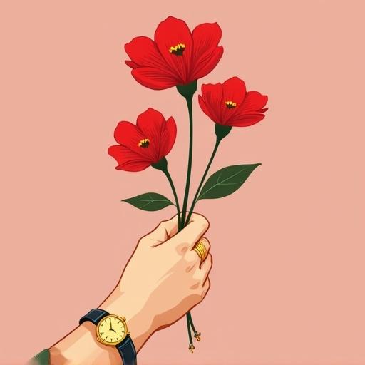 A man's hand holds three red flowers with a gold ring and watch. The design is minimalist and suitable for embroidery. Bold red flowers stand out against a pink background.