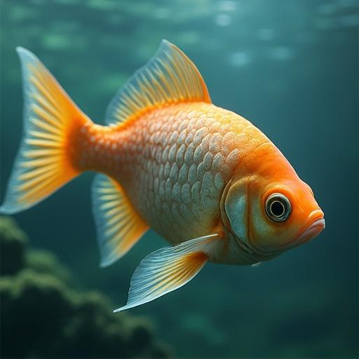 A fish swimming gracefully in clear water. The fish has vibrant orange scales and is surrounded by a faint blue background. Perfect focus on the fish's details offers a mesmerizing underwater view.