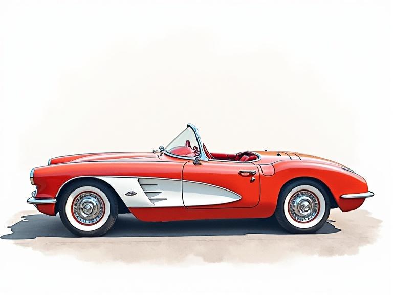 1958 Chevy Corvette shown in a side profile. Watercolor style emphasizes elegant design. Hyper-realistic details highlight classic automotive features. Background remains clean and neutral to focus on the car.