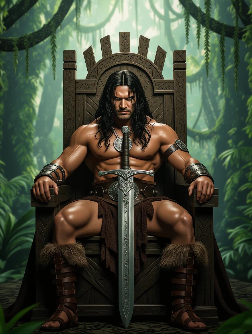 Realistic depiction of a fierce warrior seated on a detailed wooden throne in a lush jungle. Character possesses a muscular build and is adorned with armor and accessories. A large sword rests across the lap, emphasizing the character's strength and readiness. Background features vibrant green foliage, creating a mystical atmosphere.