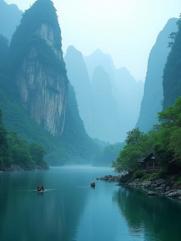 Serene mountain landscape features towering karst cliffs lush green trees calm reflective river. Small traditional house among trees wooden boat with people gently floats on water. Scene bathed in cool blue tones evokes peace mystery timeless beauty.