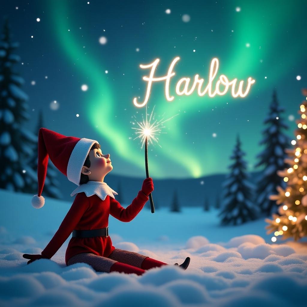 Enchanting Christmas scene features an elf on the shelf sitting in the snow gazing at a magical sky. The elf uses a wand to write names 'Harlow' in the air. Background illuminated by northern lights and adorned with a sparkling Christmas tree.