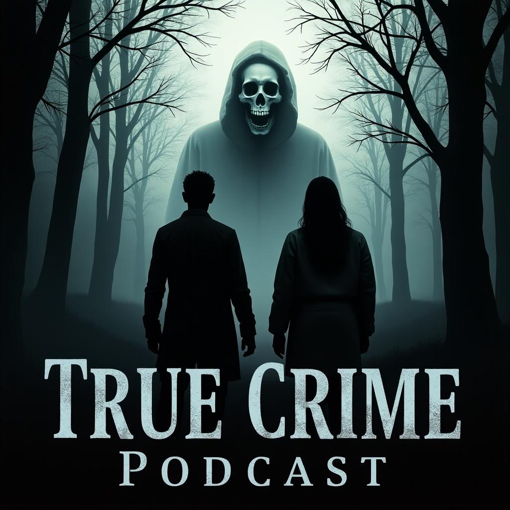 Chilling podcast cover art for true crime series. Two figures stand in front of a skull-faced specter. Bare trees surround them. Eerie atmosphere of suspense and fear.