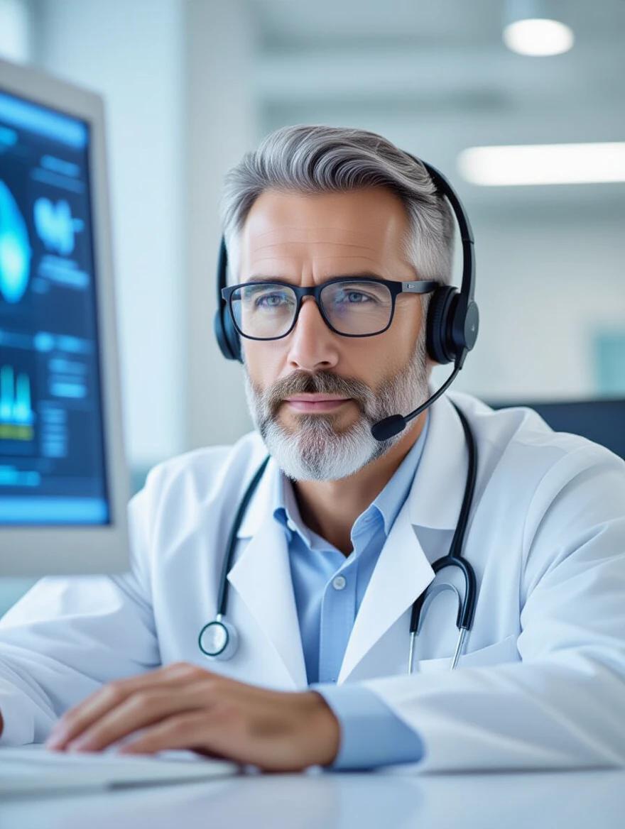 A male doctor around 40 years old, no white hair or beard, working at a computer screen. He wears a headset and a white coat. He looks focused and professional.