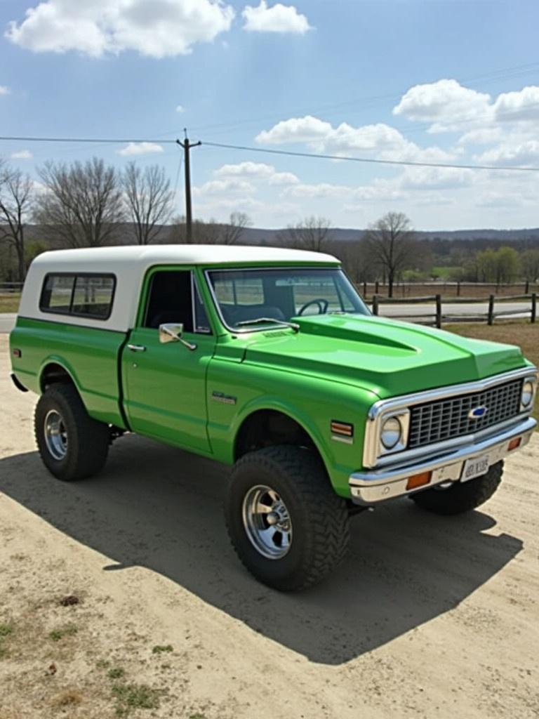 A 1969 Chevy C10 with a chopped top. Viper Green color. Truck parked in an outdoor setting.