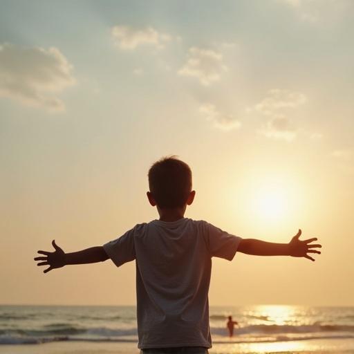 Boy stands on the beach at sunset with arms open wide. Ocean waves in the background. Sky filled with clouds. Sun setting on the horizon.