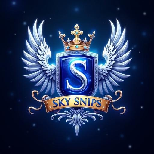 Majestic royal logo for YouTube Sky SNIPS. Ornate coat-of-arms. Polished sapphire shield with vivid luminance. Platinum S-ribbons pulse with soft white-blue light. Imperial crown with star-diamond jewels. Silver gryphons flank shield with glowing feather edges. Banner reads SKY SNIPS in gold outlined by electric-blue neon. Crest rimmed by gold stroke with outer cyan bloom. Background midnight-black sky with stardust orbs and bokeh flares.