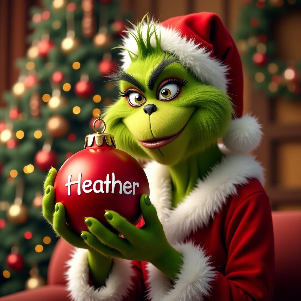 Grinch holds a red ornament with the name Heather. Background features a Christmas tree. Grinch wears a Santa outfit.