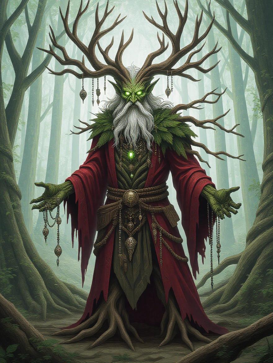 A towering humanoid druid fused with bark and roots. Wears a tattered crimson robe. Branches grow from his back adorned with baubles. Eyes glow white-green. Misty forest surrounds the figure.