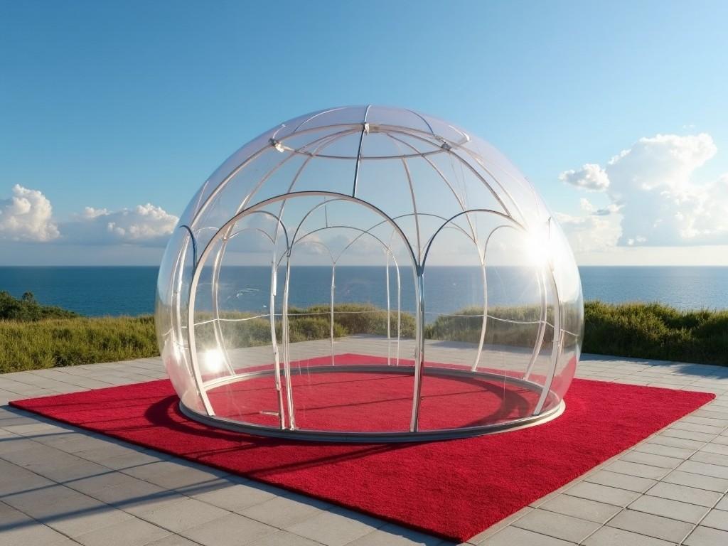 The image depicts a transparent dome structure set in a green lawn. Inside the dome, there is a stylish beige couch placed on a red carpet. The dome is made of clear material, allowing visibility from all angles. Surrounding the dome, lush greenery provides a natural backdrop. It offers a unique space for relaxation or social gatherings, blending indoor comfort with outdoor ambiance.