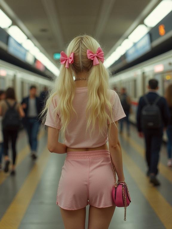 Young woman stands at a train station. She has blonde hair styled in lush twin tails. Pink bows adorn her hair. She wears a pink outfit consisting of a crop top and micro skirt. A small purse hangs at her side. The atmosphere features blurred figures of other travelers and bright lighting.