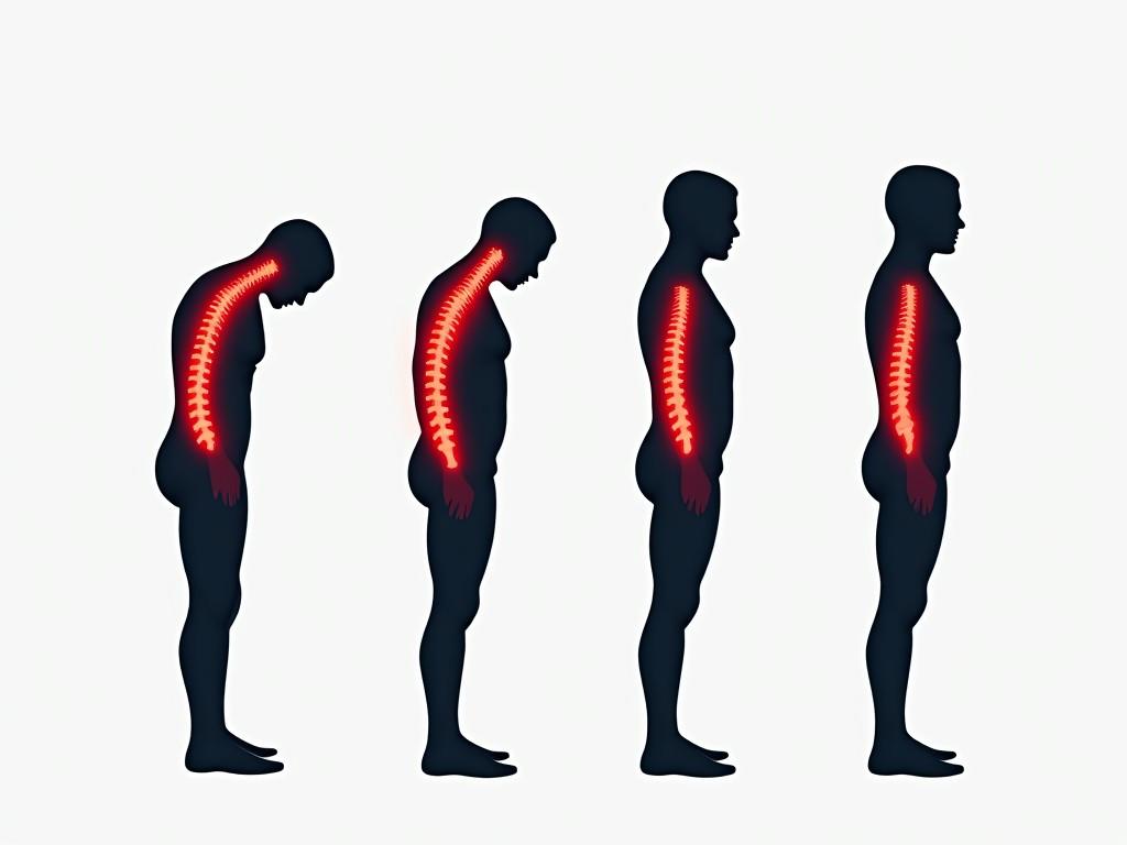 This image depicts the progression of human postures from slouched to upright. It features four silhouetted figures in side view, illustrating various degrees of spinal curvature. The spine is highlighted in red to emphasize the changes. The figures transition from a hunched posture to an aligned stance. This representation serves as an educational graphic on the importance of maintaining good posture for spine health.