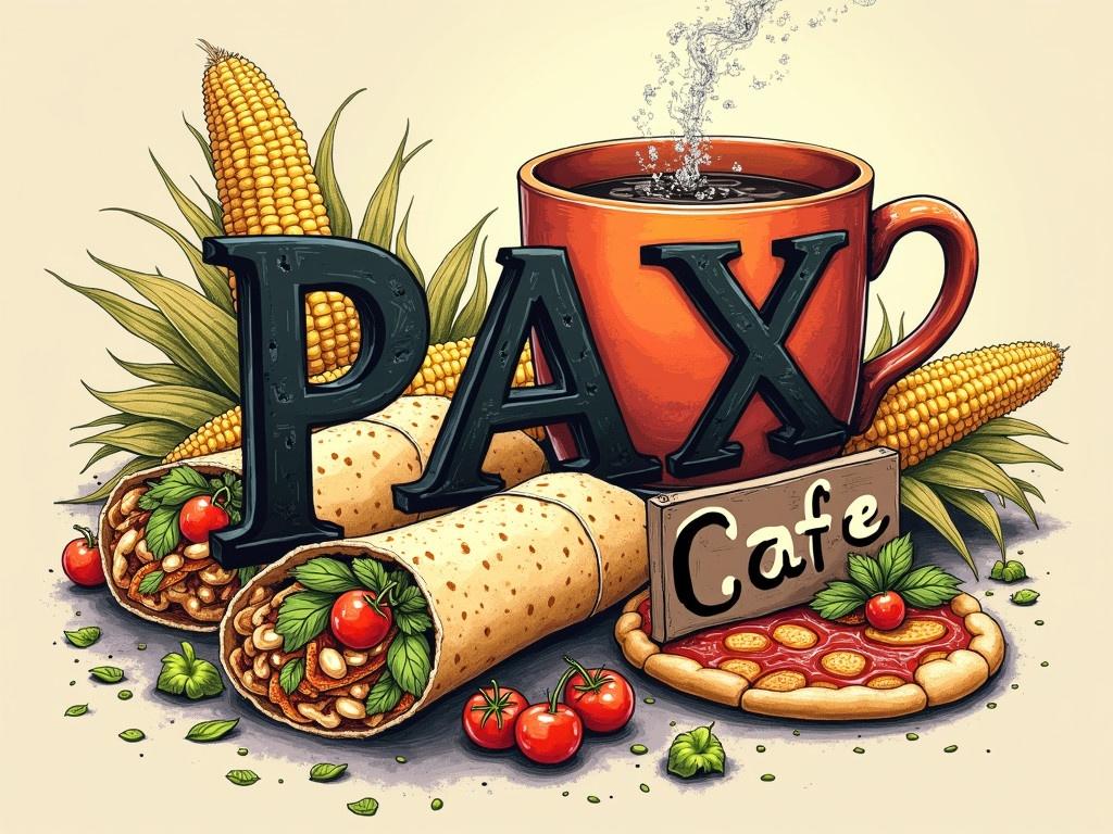 Illustration features the text PAX Cafe in bold style. Background includes vibrant Mexican foods like wraps and pizza, with corn and a steaming coffee cup. Rustic and colorful Mexican aesthetic blends throughout.