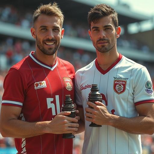 Two young men in sports uniforms posing with trophies.
