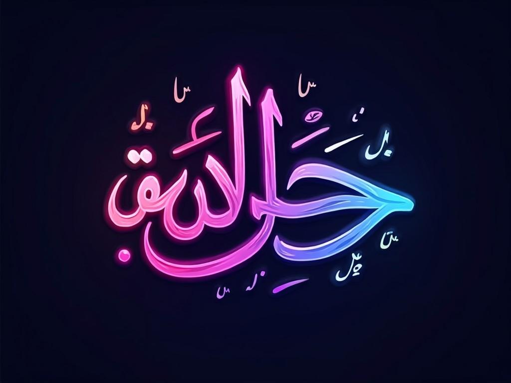 This image features vibrant, stylized Arabic text against a dark background. The design incorporates a gradient of colors from purple to pink and blue, creating a dynamic visual effect. The letters are artistically drawn, highlighting Arabic calligraphy. It conveys a sense of modernity intertwined with traditional art forms. Suitable for cultural events or artistic displays, this artwork stands out due to its colorful representation and careful design.