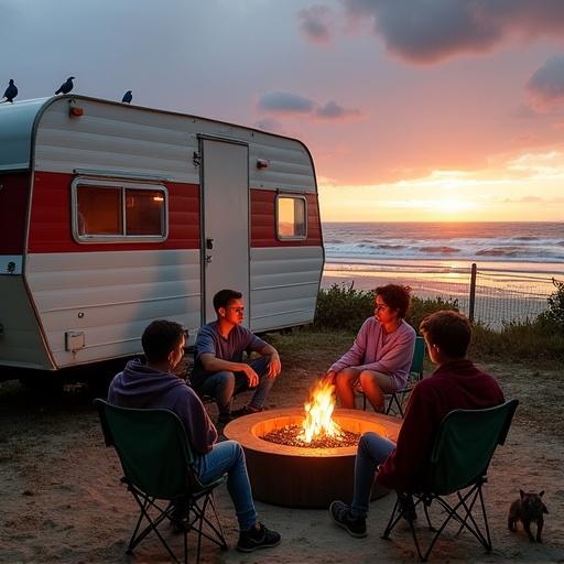 Group of four people around a circular fire pit looking at the camera. Vintage caravan with red stripe in the background. Beach setting with waves and stormy sky at sunset. Short gum tree scrub behind them. Blue wrens on a fence. A wombat under the caravan. Whale breaching in the ocean.