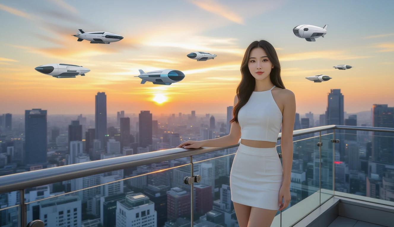 A woman in a white mini skirt dress on a tall balcony overlooking a futuristic city at sunset. Different types of sky ships hover in the air. The city skyline is visible in the background, and orange streaks color the sky.