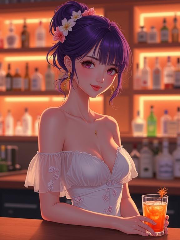 A beautiful East Asian woman stands at a stylish bar. She wears a white off-shoulder dress with floral patterns. Her violet hair is styled in an updo adorned with flowers. She holds a glass filled with orange drink. The background has softly lit shelves with various alcohol bottles. The atmosphere is warm and inviting with a romantic mood.