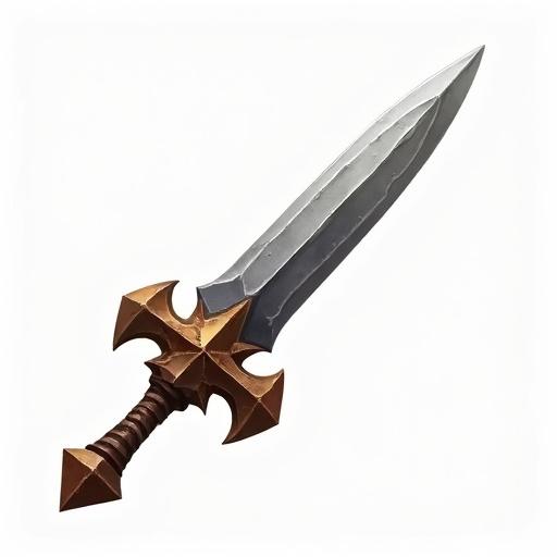 Icon of ancient fairy battle sword for a card game. Gray and brown colors. Size 48 by 48 pixels. Style influenced by World of Warcraft. Transparent background.