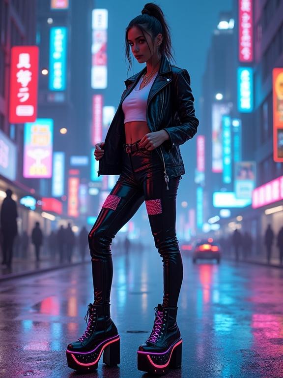 Futuristic cyberpunk scene. Confident young woman in neon-lit city street at night. Full-body outfit with black leather jacket, white crop top, leather pants with neon patterns. Striking high-heeled ankle boots with glowing accents. Woman adjusting her jacket, direct gaze. Background with neon signage and wet pavement reflecting glow. Electric blues, purples, pinks with deep shadows.