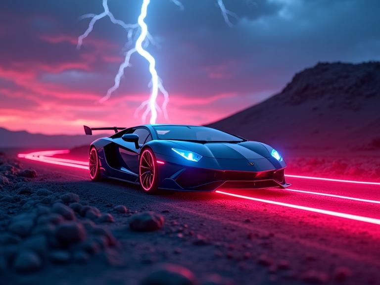 Image of a futuristic Lamborghini in a cyberpunk style. Deep blue and red lights illuminate the scene. The car has laser light rims. Desert setting at sunset with dramatic cloudy sky. Car seen from a distance on a hill with lightning in the background. Long laser light trail left behind. Fog and rain effects are present.