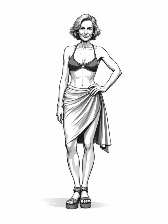 A vector illustration of a mature woman wearing a bikini with a sarong. She has short hair and is in a standing pose. The image is drawn in black and white with a high definition style. Sandal wedges complete her look.