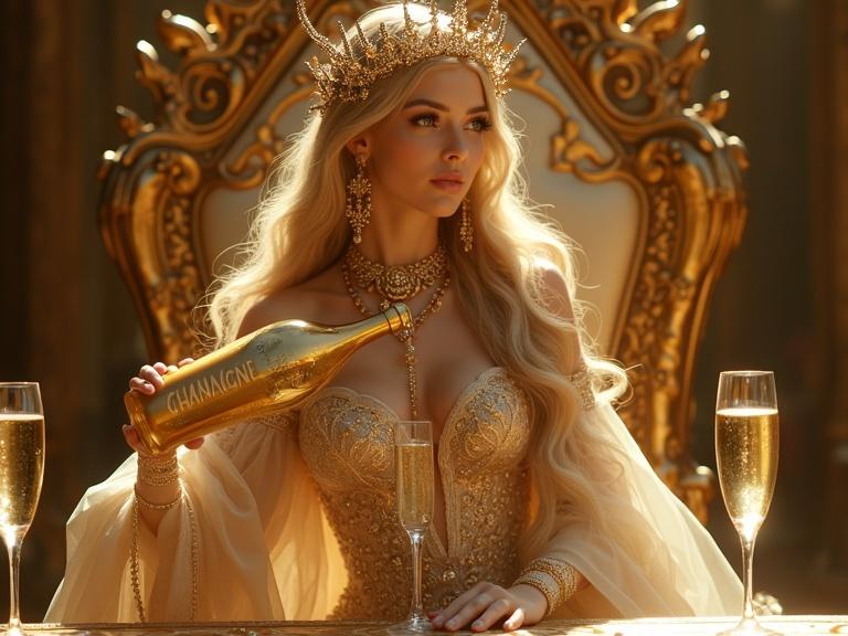 Female high elf in royal clothes is holding a champagne bottle. She is seated on a golden throne in a lavish castle. The castle is richly adorned. Long glasses of champagne are on a vintage table. The bottle reads CHAMPAGNE in gold letters.
