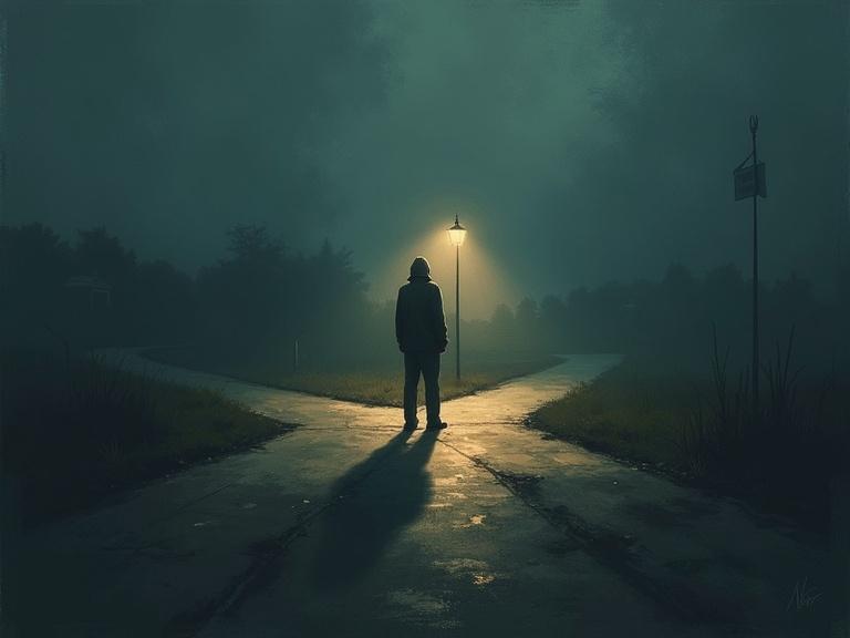 Solitary figure stands at a crossroads with multiple paths disappearing into darkness. A lantern casts long, distorted shadows amidst a foggy atmosphere. Art style emphasizes expressive, painterly elements with atmospheric lighting and emotional depth.
