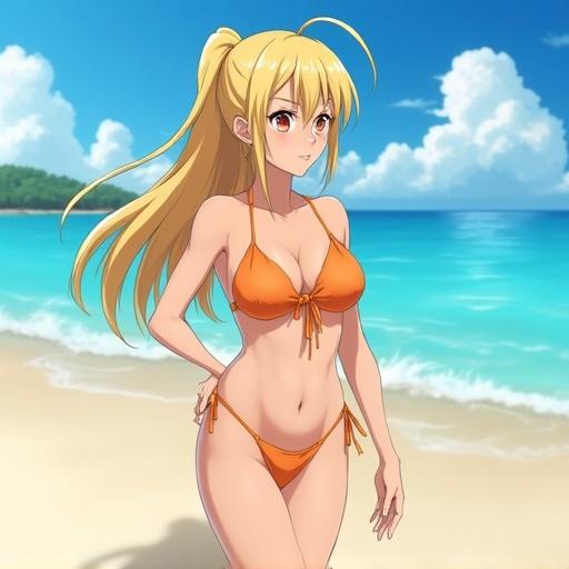 Anime character in an orange bikini stands on a sunny beach with clear skies and palm trees in the background.