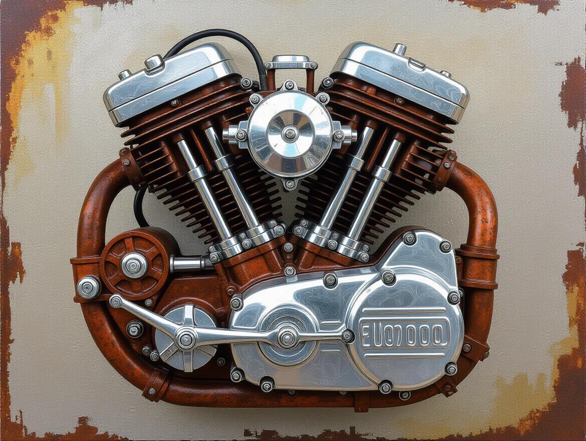 Vintage motorcycle engine with chrome finishes and rust features. Engine detailed with palette knife impasto technique. Metallic paint highlights dimensional parts. Textured paint surface imitates metal. Artwork combines industrial elements with fine art. Mechanical study designed with precision.