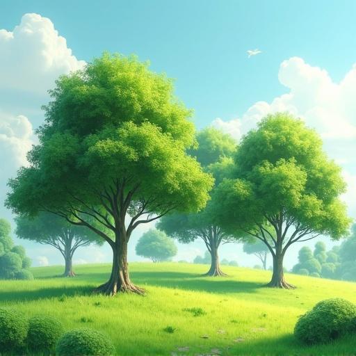 Several lush green trees are evenly spaced on a grassy ground. Each tree has a thick leafy canopy and detailed trunks. Leaves and branches gently sway. The texture is realistic with bright daylight and no people or structures. It has an artistic but semi-realistic style and is perfect for animated scenes.