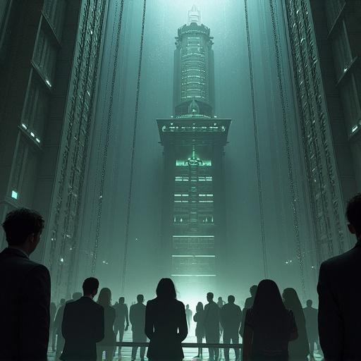 Imagery of a massive bureaucratic tower looms over a crowd of figures in suits. The tower is shrouded in darkness and illuminated by eerie green light. People appear anxious and waiting. Setting suggests a futuristic and dystopian environment. A sense of urgency and unease pervades the atmosphere. The citizens seem small compared to the towering structure. This image captures the essence of bureaucracy and existential dread.