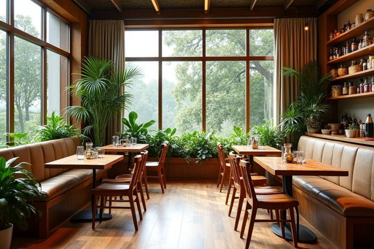 Interior of a charming café. Warm inviting setup. Large windows bring in natural light. Lush greenery adds to the atmosphere. Modern wooden furnishings. Perfect for relaxation or meetings.