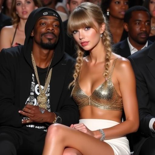 Photorealistic representation of a young woman with blonde twintails and bangs at an awards show. She wears a gold bikini top and a white miniskirt sitting next to a male figure. The subject looks happy and playful holding a sign.
