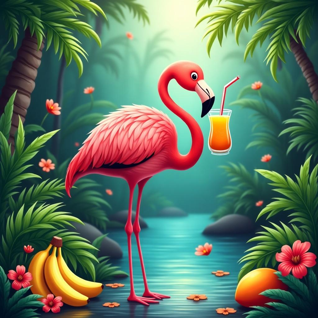 Cute flamingo stands in the jungle. Flamingo drinks smoothie. Jungle backdrop features trees and flowers.