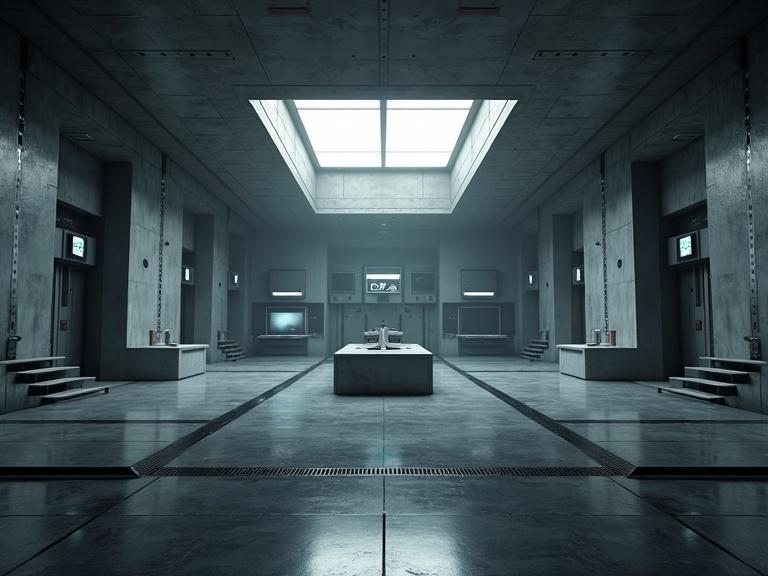 Create an image of a futuristic command center with a large white table. The ceiling is low with diagonal beams. Gray concrete walls and black flooring. Dim lights shine from above. Monitors are placed around the room. Steps lead up to the walls. The interior has an overall dark and atmospheric feel.