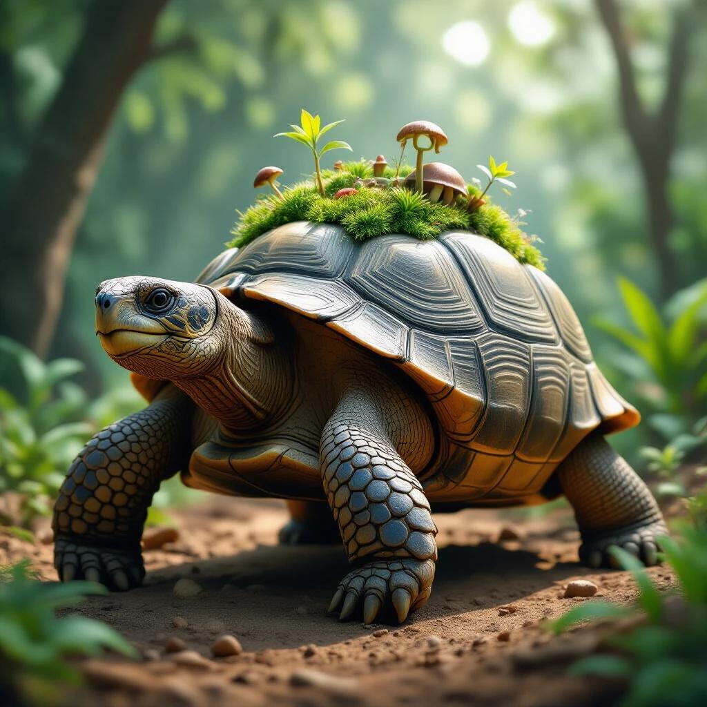 Giant tortoise carries miniature ecosystem on its shell. The scene is hyper-realistic with lush green vegetation and soft sunlight. Tortoise shows intricate details and textures with mushrooms and plants.