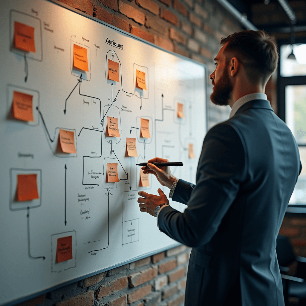 A person stands in front of a whiteboard covered with diagrams and sticky notes.