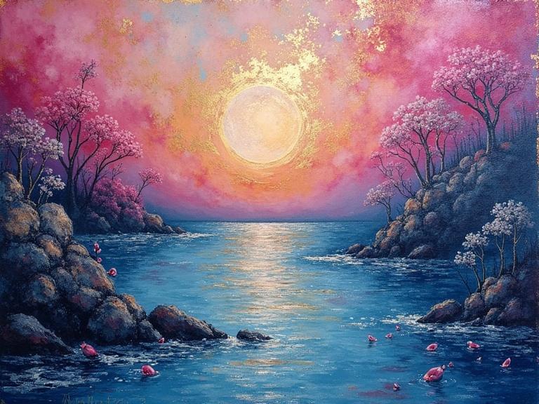 Vibrant dreamlike fantasy image featuring deep magenta and blue tones. Rustic vintage aesthetic with impressionistic elements. Depicts a serene seascape at sunset with colored water effects.